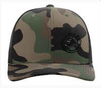 a camouflage trucker hat with a logo on it